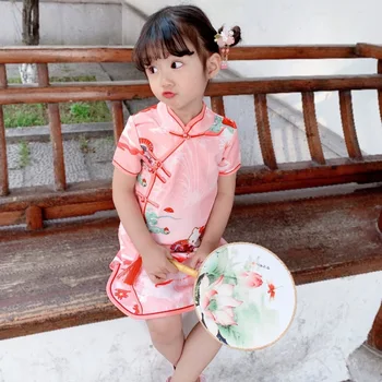 Čínsky Cheongsam Pre Dievčatá Princezná Šaty Darček K Narodeninám Krátky Rukáv Čínsky Štýl, Oblečenie Ružová Béžová Lete