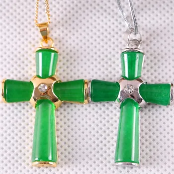 Muži Ženy Módne Šperky Darček 26x38MM Kríž, Guľôčky z Prírodného Kameňa Zelená Jades Prívesok 1Pcs K284-285