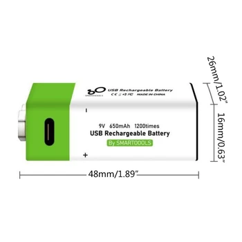 9V Li-ion Nabíjateľná Batéria 650mAh Typ-C, USB Lítium li ion 9V Batérie Mikrofón Detektor Kovov