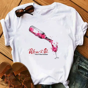 Poháre na víno Print T Shirt Ženy Harajuku Móde Tričko Krátky Rukáv Streetwear Dámy Grafické Lete Žena T-shirt