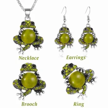 Roztomilý Zelená Žaba Prívesok Šperky Kreatívne Sady Vintage Náušnice/náhrdelník/krúžok/brošňa Drahokamu Módne Šperky