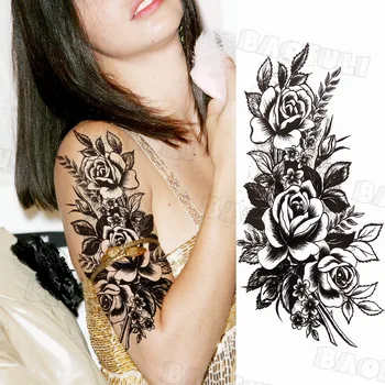 Black Henna Rose Mandala Kvet Dočasné Tetovanie Pre Ženy, Dospelých Morská Víla Falošné Tetovanie Nálepky Vlastné Sexy Tatoos Stehna A Ramena