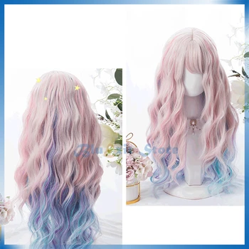 Postupné Ružová Modrá Zmiešané Farby Lolita Parochňu Harajuku Sakura Sladké Dlhé Kučeravé Syntetické Vlasy Fringe Rany Dospelých Dievčatá Ružové Vlasy