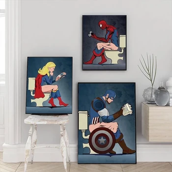 Marvel Superhrdina Charakter Prečítať Si Časopis Vo Wc Maľovanie Cartoon Plátno Plagáty Vytlačí Kúpeľňa Decor Wall Art Obrázok