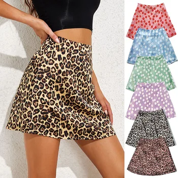 Letné Sukne Žena 2021 Sexy Vysoký Pás Leopard Mini Sukne Satin Tlačenej-Line Sukne Nadrozmerné Dievčatá Krátke Vintage Streetwear