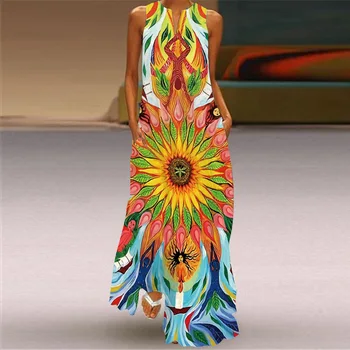 Kvetinový Boho Šaty Lady bez Rukávov Šaty Letné tvaru Štíhly A-line Nádrž Šaty Žien Módne Retro 3D Tlač Bežné Šaty Vestido