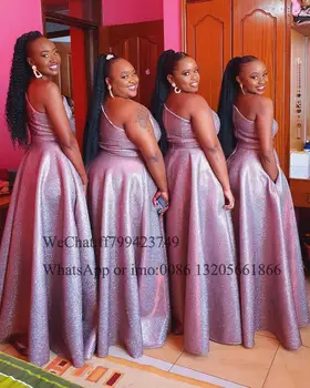 Bling Sequin Jedného Pleca Bridesmaid, Šaty Afriky Riadok Elegantné Vestidos 2021 Vrecku Dlho Strany Svadobný Hosť Šaty Šaty