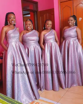 Bling Sequin Jedného Pleca Bridesmaid, Šaty Afriky Riadok Elegantné Vestidos 2021 Vrecku Dlho Strany Svadobný Hosť Šaty Šaty