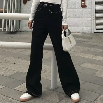 Džínsy Ženy High Street Japonský Mäkké Výšivky-kvet Vrecká Iny Širokú nohu Denim Elegantné kórejský Móde Pantalones Príčinné Kvality