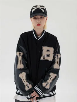2021SS Hip Hop Chlpaté Kosti Patchwork Farebný Blok Bundy dámske Harajuku Streetwear Bombardér Bunda Mužov Baseball Coats Unisex