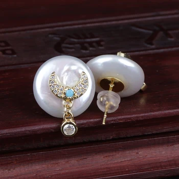 Multi možnosti vzor choosable micro pave farebné cz gold malé kúzlo prírodných mince sladkovodné perly stud náušnice pre ženy