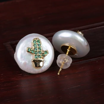 Multi možnosti vzor choosable micro pave farebné cz gold malé kúzlo prírodných mince sladkovodné perly stud náušnice pre ženy