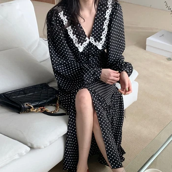 ZCSMLL čierne šaty kórejský elegantná bábika golier, čipka, šitie single-breasted skladaný lístkového rukáv polka dot dress 2021 lete
