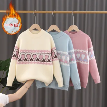 2021 In Nové Dievčenské Svetre Knitwear Zimné Hrubé Svetre Teplé Fleece Jumper Dievčatá Oblečenie