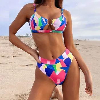 Nové Plavky Ženy Plavky 2021 Sexy Vytlačené Krúžok Vystrihnúť Bikini Push-Up Pad Bikiny Nastaviť Vysoký Pás Plaviek Plávať Plavky
