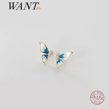 WANTME Reálne 925 Sterling Silver Romantický Roztomilý Blue Butterfly Stud Náušnice pre Ženy Móda kórejský Jednoducho Strany Krídla Šperky