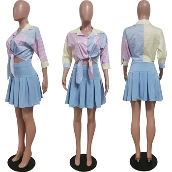 Letné 2021 Nových Prírastkov Ženy Oblečenie Pevných Farieb-line Vysoký Pás Skladaný Mini Sukne Dve Dielna Sada xs