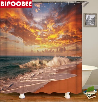 Slnečné svetlo Ocean Beach Textílie Sprchový Záves Kúpeľňa Záclony západ Slnka, Súmrak Mora Zvierat Dolphin Vaňa Displej s 12 Háčiky