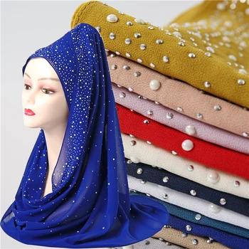 Malajzijská Ženy Pearl Šifón Šatku Hidžáb Zábal Diamond Obyčajný/Solid Farba Moslimské Šatky Dlhý Šál Pashmina Bandana 180 cm*70 cm