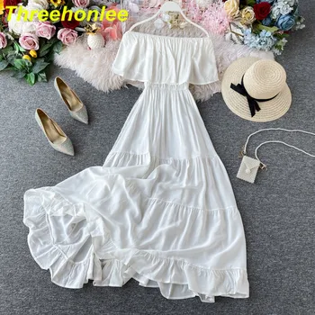 2021 Kórejský Prehrabať Oblečenie Mimo Rameno Šaty Letné Víla Plážové Šaty Boho Biele Dlhé, Sexy Šaty Pre Elegantné Ženy Strany