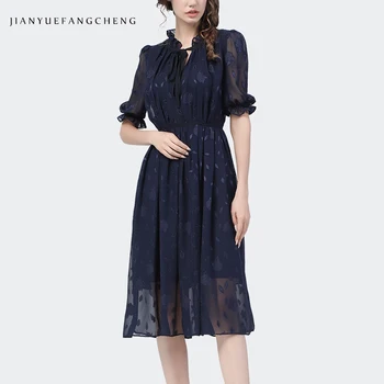 Móda Modrá Šifón Žakárové Dlhé Šaty Žena Letné Oblečenie Vysoký Pás A-Line Skladaný Slim Plus Veľkosť Dámy Bežné Maxi Šaty