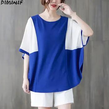 DIMANAF 2021 Plus veľkosť Ženy T-Shirt Patchwork Štýl Bavlna Bat Rukáv Biele-O-Krku Dámy Tee Tričko Fashion Príležitostné Letné Topy