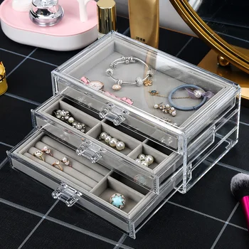 Priehľadný Akrylový Šperky skrinka S 3 Zásuvkami Velvet Šperky Organizátor pre ženy Náušnice Držiteľ Krúžky Prípade, Náhrdelníky, Náramky