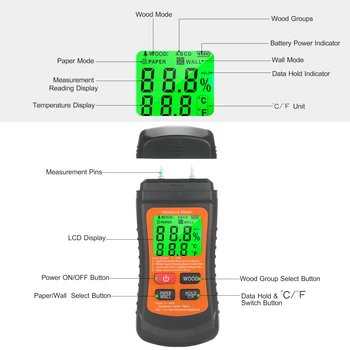 Wood Damp Moisture Tester Pin Type Water Leak&Moisture Detector with Wood&Paper & Wall 3 Modes Data Hold ℃/℉ Temperature Meter