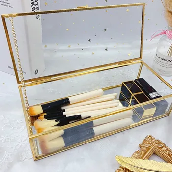 Transparentné Sklo Make-Up Štetec Úložný Box Gold Luxusné Kozmetika Kontajner Krúžok Rúž, Ceruzka Držiteľ Make-Up Štetce Organizátor