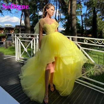 SoDigne Hi-Lo Prom Šaty, Milú, Organza Milú, Organza Bez Rukávov Celebrity Žlté Šaty Večerné Šaty 2021