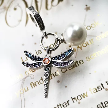 Pestro Dragonfly a Pearl 925 Sterling Silver Visieť Kúzlo Prívesok Fit Náramok, Náhrdelník Ženy 2021 Lete Jemné Šperky