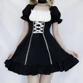 Gothic Lolita Žien Slúžka Šaty Kawaii Lolita Oblečenie francúzsky Milkmaid Kostýmy Lístkového Rukáv Cosplay Obväz Sexy Servírka Šaty