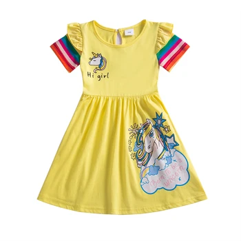 Jxs Elegantné Dievčatá v Lete Bavlna Krátky Rukáv Šaty Jednorožec Cartoon Rainbow Rukáv Dievča Bežné Šaty pre 3-8 Rokov