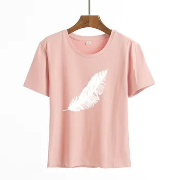 2020 Ženy bežné Harajuku fashion t-shirt pierko tlač voľné o-krku krátky rukáv elastické natiahnuté leto doma nové Tee Tričko