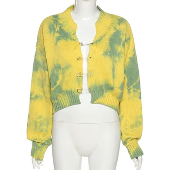 Jeseň Ženy, Tie Dye Svetre Vintage Yellow Zelená Pulóvre Jumper Módne Sweatershirt Brošňa Bežné Cardigan Sveter