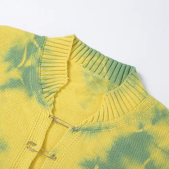 Jeseň Ženy, Tie Dye Svetre Vintage Yellow Zelená Pulóvre Jumper Módne Sweatershirt Brošňa Bežné Cardigan Sveter