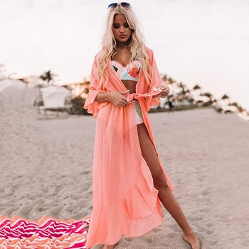 Šifón Pláži Zakryť Ženy Bikini Zakryť Long Beach Šaty Cardigan Tuniku 2021 Sexy Plavky Zakryť Prímorské Dovolenky Sukne