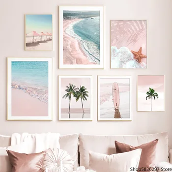 Pink Beach Surf Parasol Coconut Tree Wall Art Plátno Na Maľovanie Nordic Plagáty A Potlačou Obrazov Na Stenu Pre Obývacia Izba Dekor