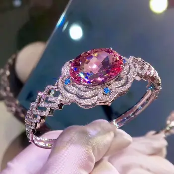 Prírodný Ružový Náramok Zdobený Náramky Luxusné Šľachtické Kráľovské Šperky Topaz Náramok Žena Drahokam Striebro 925 farba