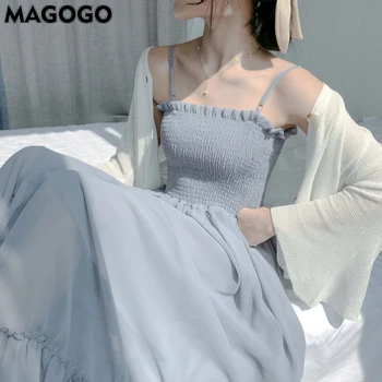 Letné Šifón Podväzkové Šaty Pre Ženy, kórejský INY Super Sladká Víla bez Rukávov Farbou Ženské Šaty S-2XL MAGOGO 1PC
