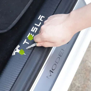 4Pcs/Set Dvere Auta Pedál Chránič Nálepka, 3D Kožené Uhlíkových Vlákien Prah Pásy pre Tesla Model 3 Auto Styling Príslušenstvo