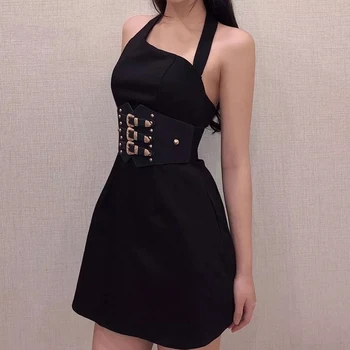Black Goth Nepravidelný S Uväzovaním Za Krk Krátke Šaty Žien Tmavé Akademického E Dievča Oblečenie Backless Elegantné Kórejský Riadok Party Šaty Nové