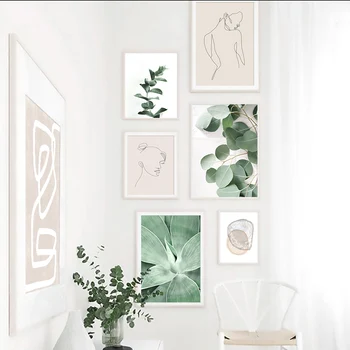 Nordická Zelená Rastlina, Abstraktné Línie Vintage Plátno Tlače, Plagát, Plagáty, Obrázky na Stenu Umenie na Obývacia Izba, Spálňa Domova