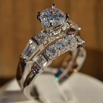 Luxusné 2ks/set Ženy, Snubné Prstene AAA Kolo Cubic Zirconia Módne Geometrické Crystal CZ Svadobné Svadobné Krúžok Strany Šperky Darček