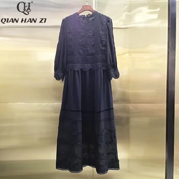 Qian Han Zi dizajnér dráhy módne maxi šaty 2020 dámske 3/4 Rukáv, vyšívané nášivka vysokej kvalite ročníka dlhé šaty