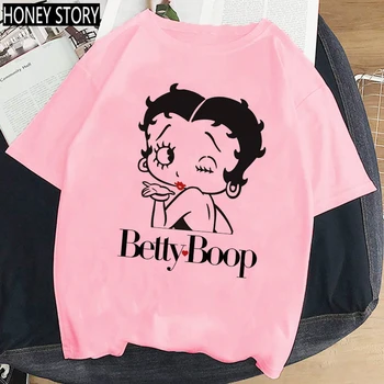 Ženy Harajuku 90. rokov Ružové Tričko Móde Voľné T-shirt Betty Boop Komiksu, Anime T Shirt Žena Krátkym Rukávom Letné Módne Oblečenie