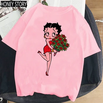Ženy Harajuku 90. rokov Ružové Tričko Móde Voľné T-shirt Betty Boop Komiksu, Anime T Shirt Žena Krátkym Rukávom Letné Módne Oblečenie