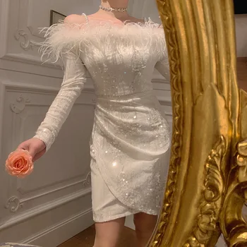 Nové Luxusné High-End Banquet Pierko Lemovaný Dlhým Rukávom Šaty Temperament Lady Sequined Pearl Podväzky Večera Sexy Mini Šaty