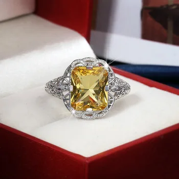 Nádherné, Očarujúce Veľké Námestie Žltá CZ Kamenný Kruh Ženy Móda Crystal Zirkón Krúžok Svadobné Trendy Šperkov Jewlery pre Ženy