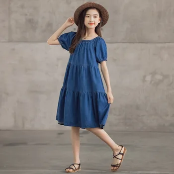 2021 Leto, Bavlna Džínsy Deti Party Šaty Dievča Kórejský Krátky Rukáv Módne Princezná Šaty Pre Dospievajúce Dievča Oblečenie Modrá